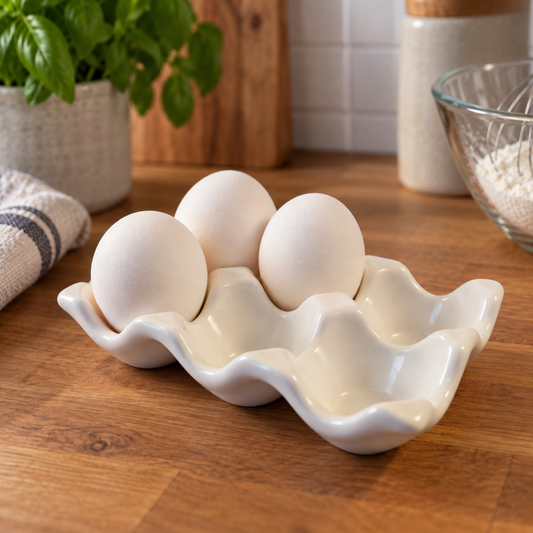 Hvit eggholder i keramikk med egg på kjøkkenbenken