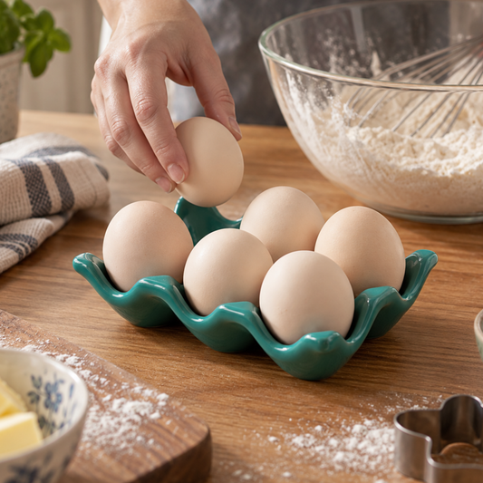 Grønn eggholder i keramikk med seks egg ved bakebollen